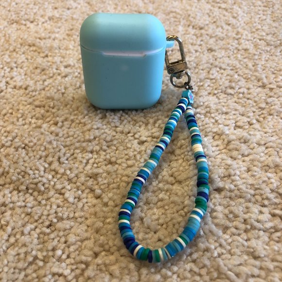 Blue Silicone AirPod Case with Beaded Wristlet - Picture 2 of 9